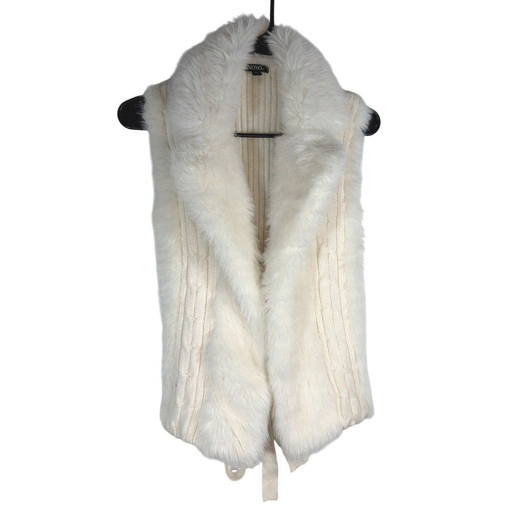 XOXO Womens Y2K Glam Winter Coquette Layering Sweater Vest Faux Fur Trim Cream L
